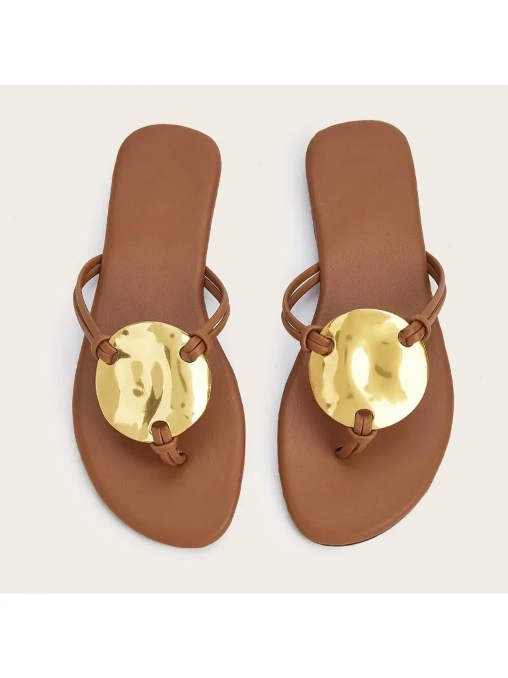 Women's Brown Metal Flip Flops Thong Flats Slip on Soft Cushion Dressy Shoes